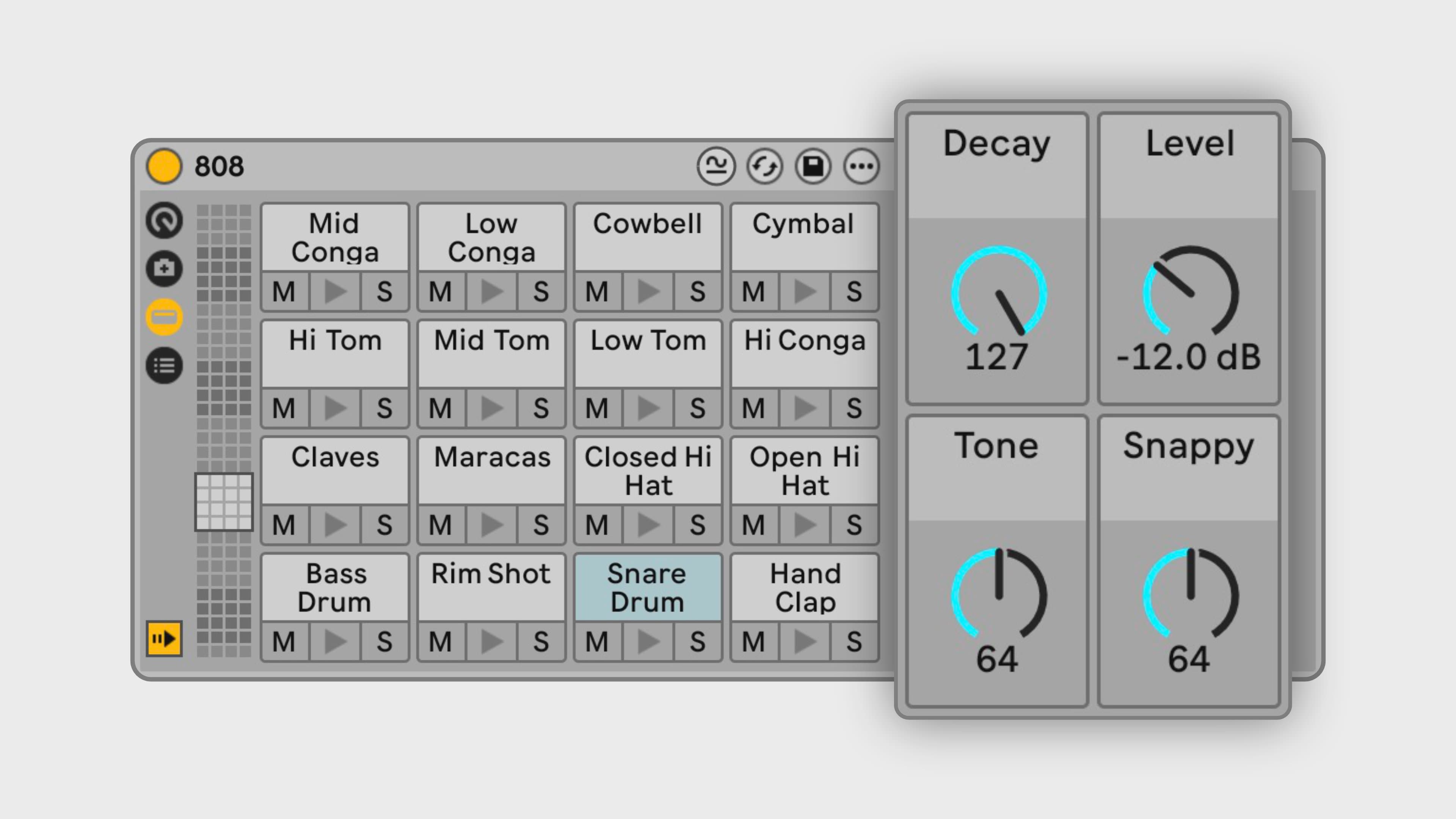 An 808 Ableton Drum Rack with magnified Macro Controls