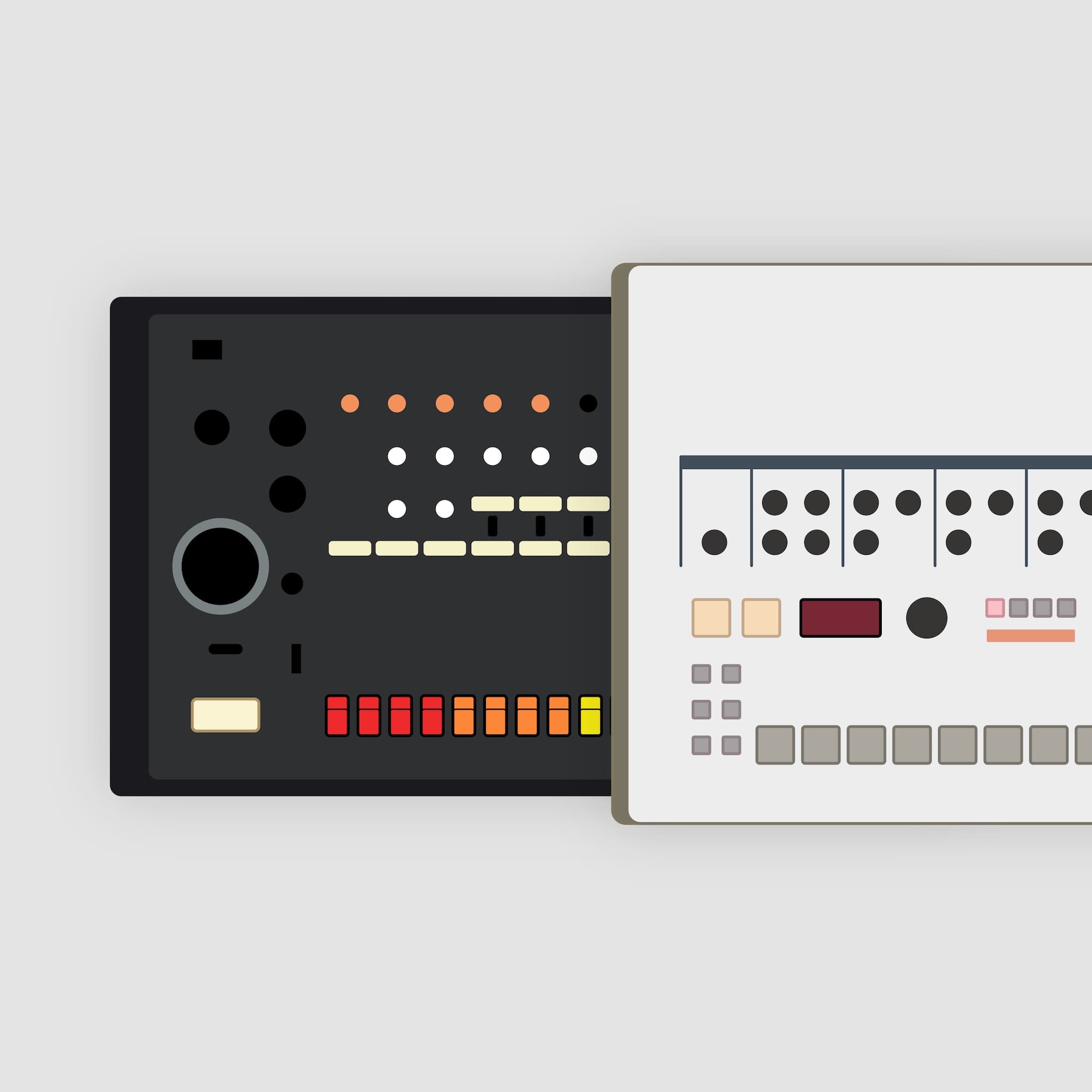 A graphic of 2 hardware drum machines