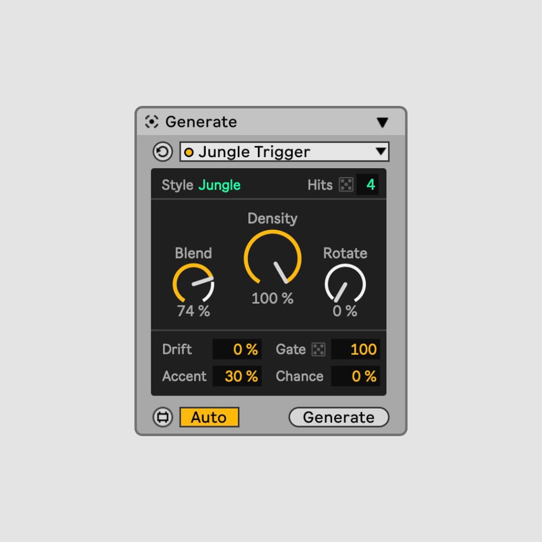 Generate rolling jungle patterns directly into your clips.