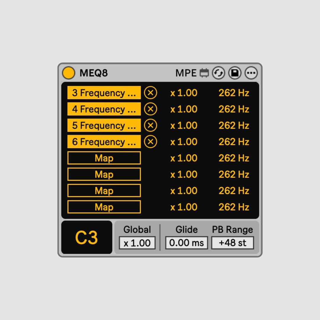 Map incoming MIDI notes to the corresponding frequencies in EQ eight.