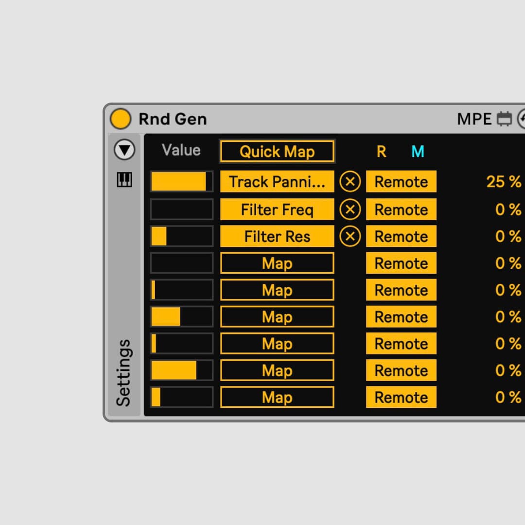 A Modulator that triggers random values to mapped parameters by incoming MIDI notes.