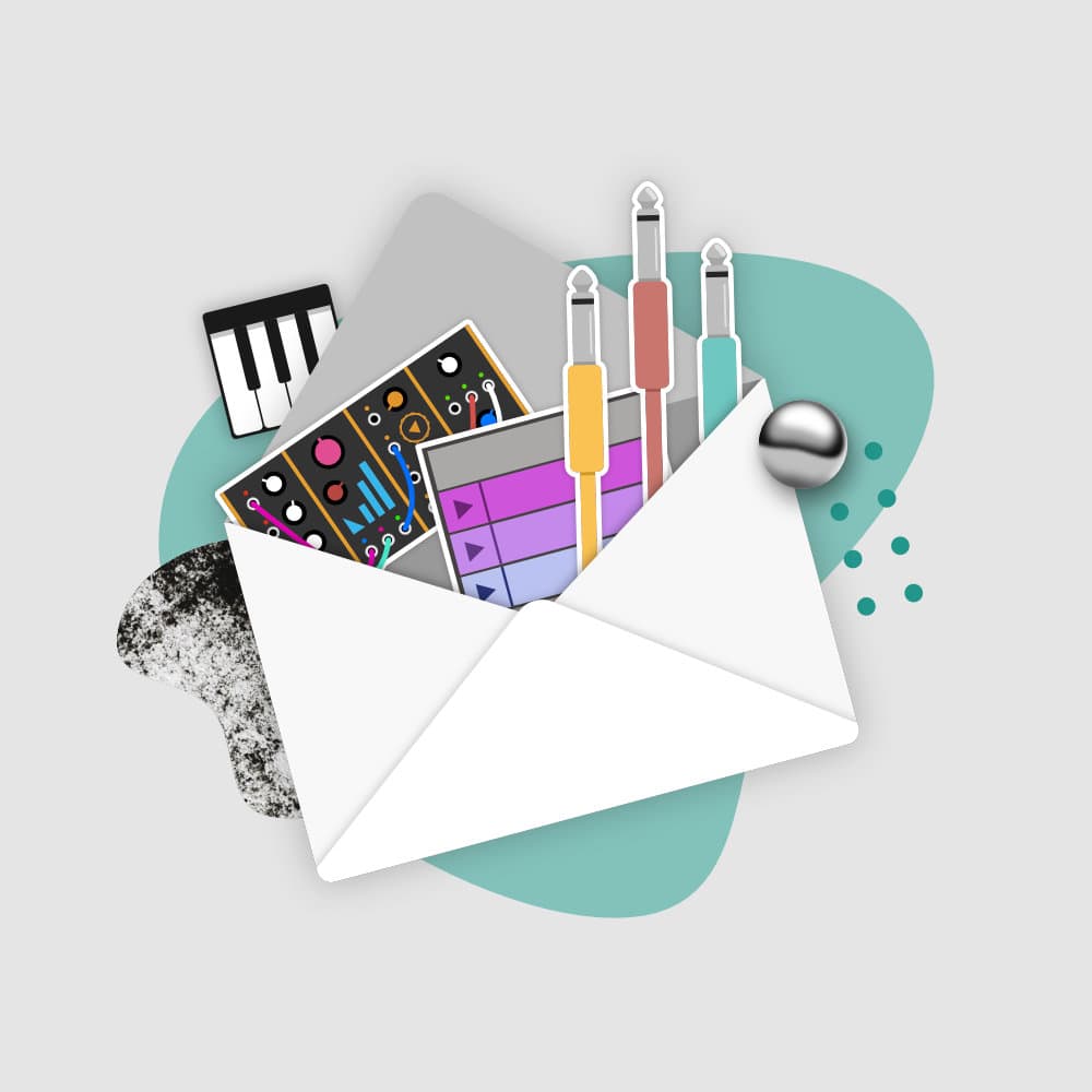 A collage of objects with an envelope filled with music tech stickers